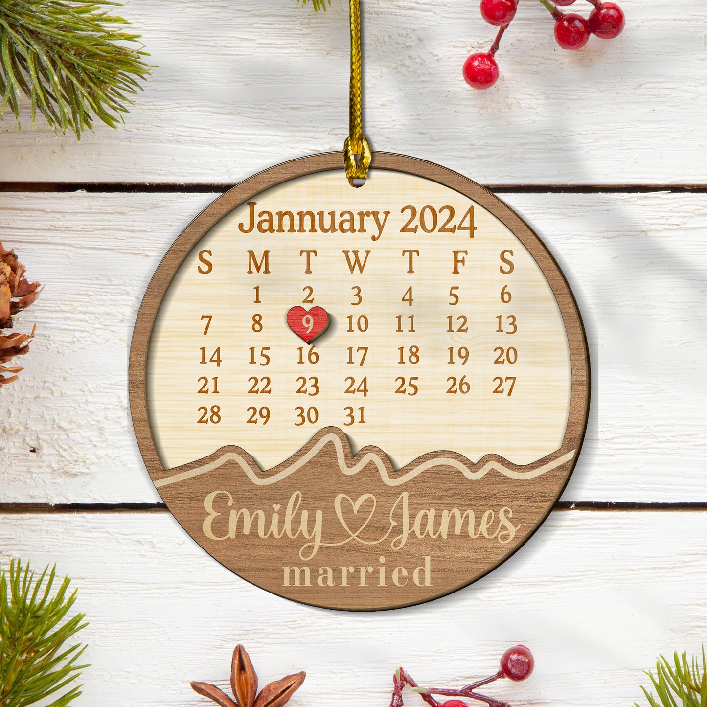 Custom Calendar Married Wood and Acrylic Ornament