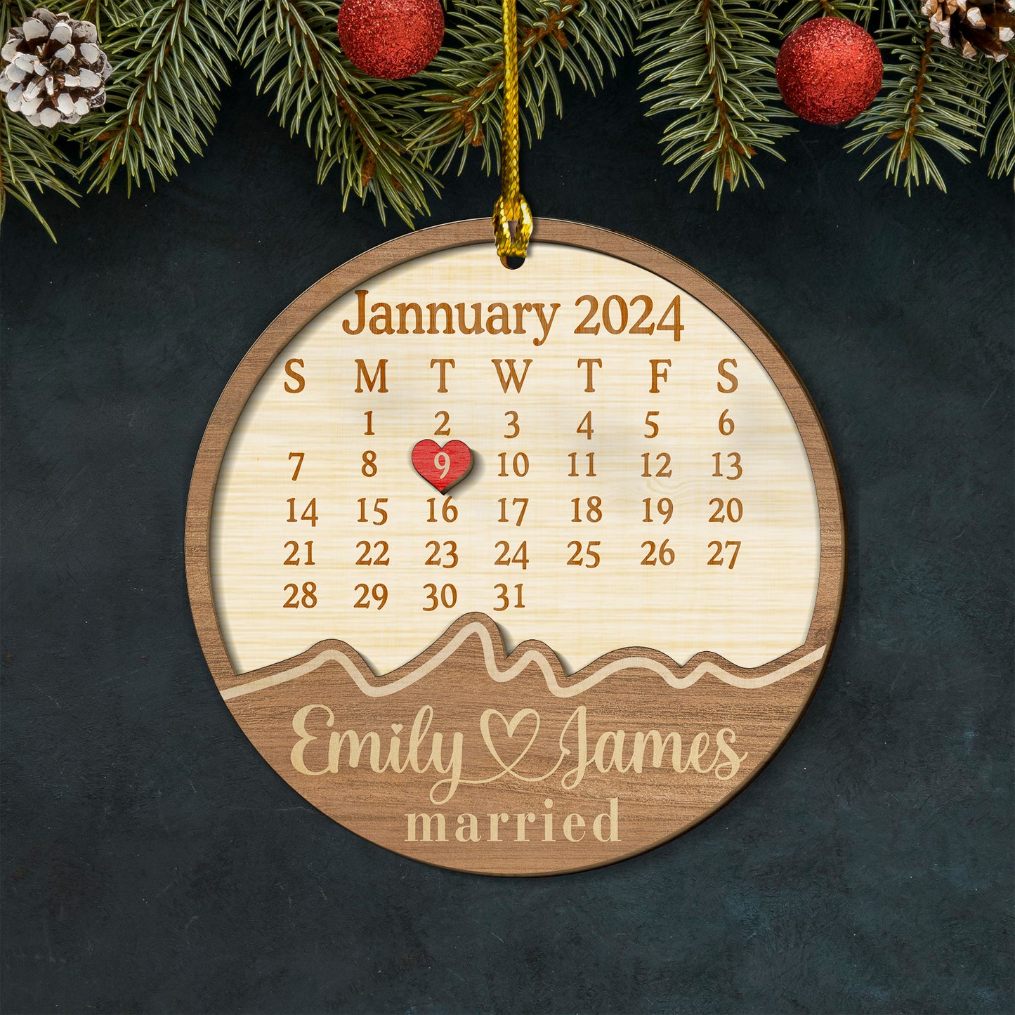 Custom Calendar Married Wood and Acrylic Ornament