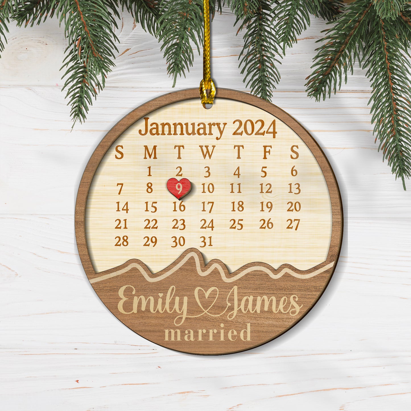 Custom Calendar Married Wood and Acrylic Ornament