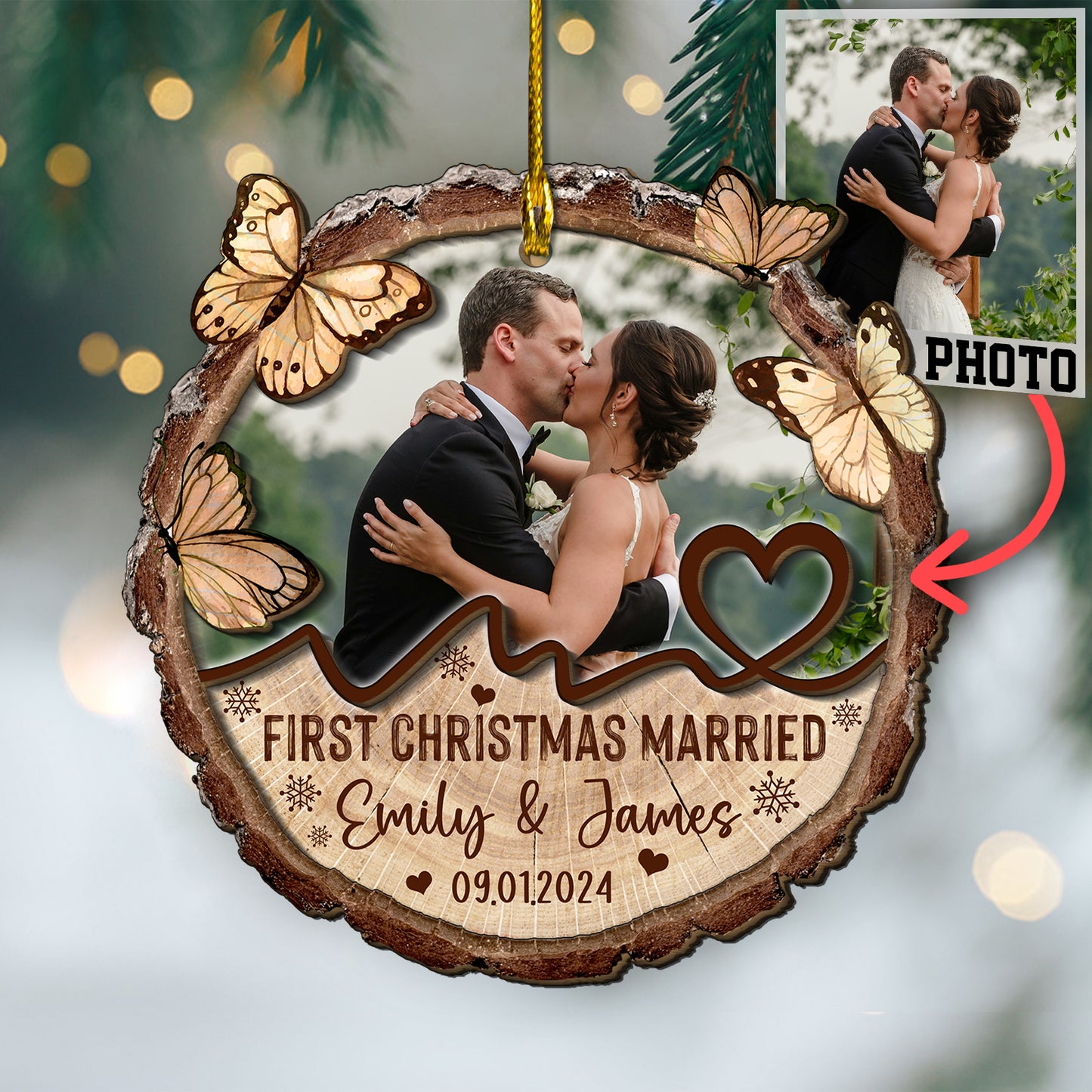 Custom Wedding Photo 2-Layer Wood Slice Ornament