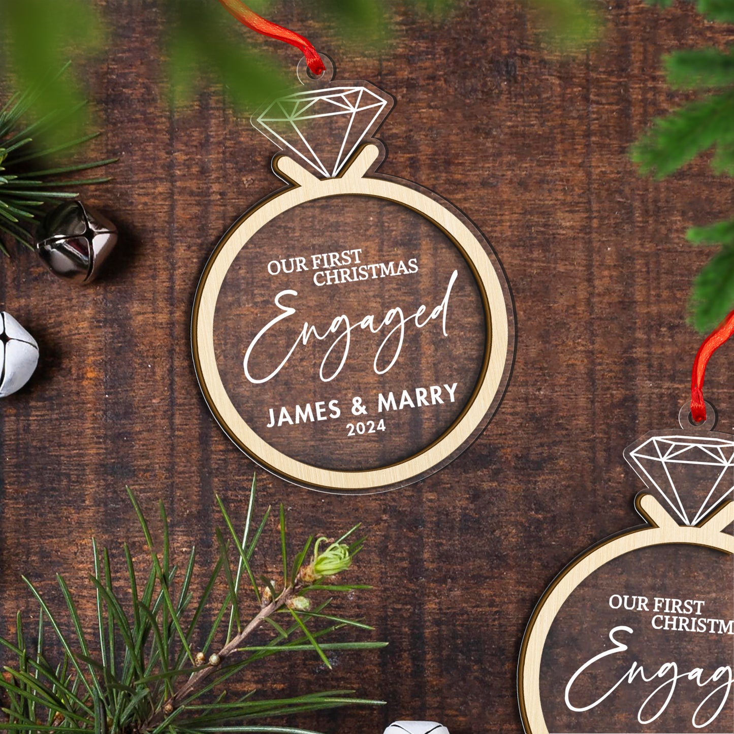 Custom Our First Christmas Engaged Wood and Acrylic Ornament