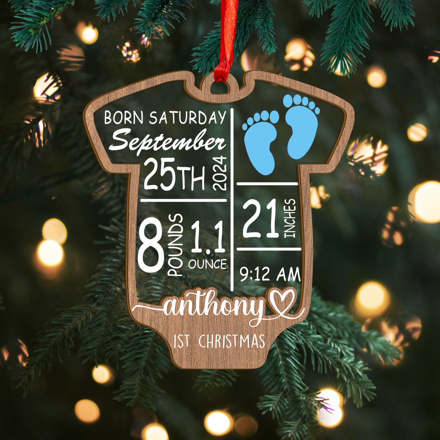 Custom Baby Stats Onesies Shape Wood and Acrylic Ornament