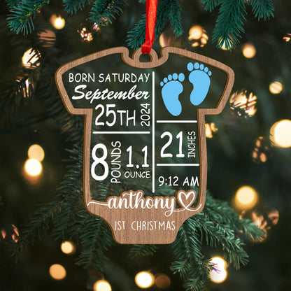 Custom Baby Stats Onesies Shape Wood and Acrylic Ornament