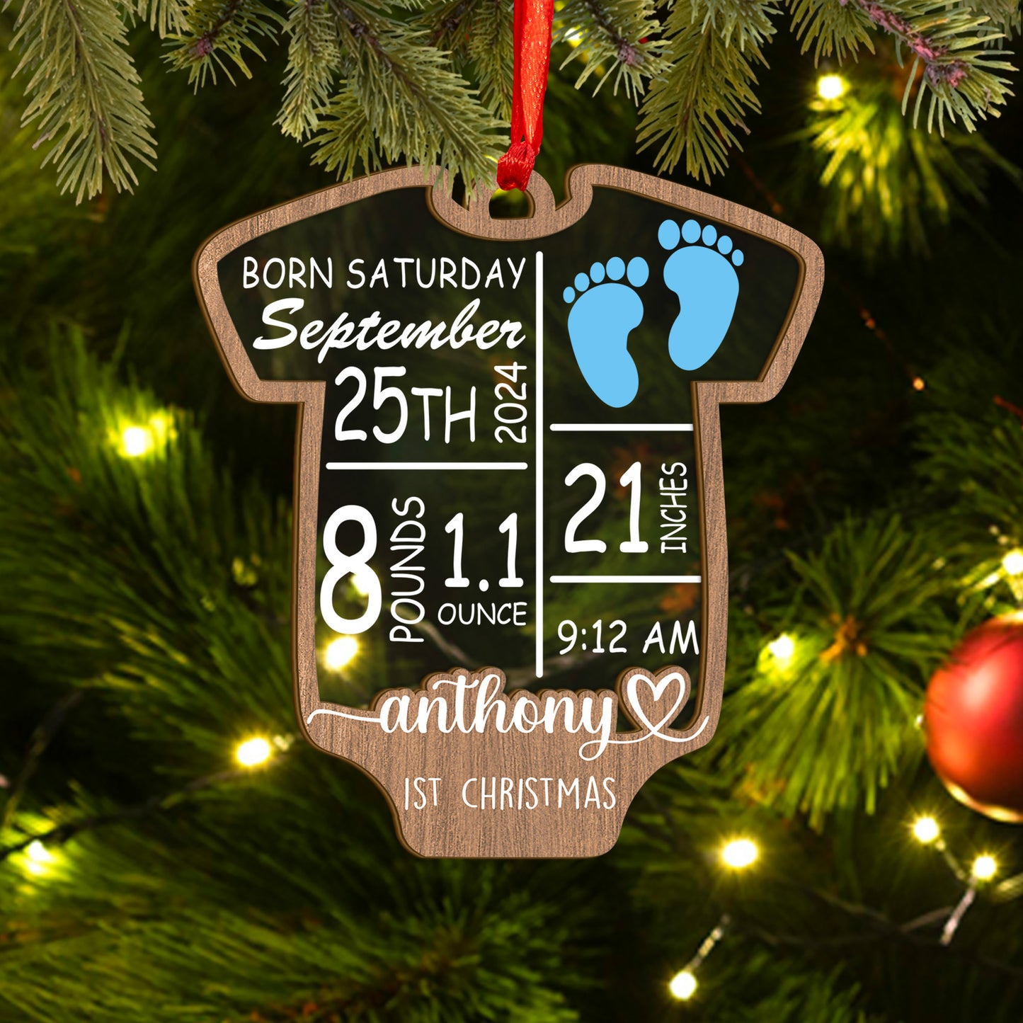 Custom Baby Stats Onesies Shape Wood and Acrylic Ornament