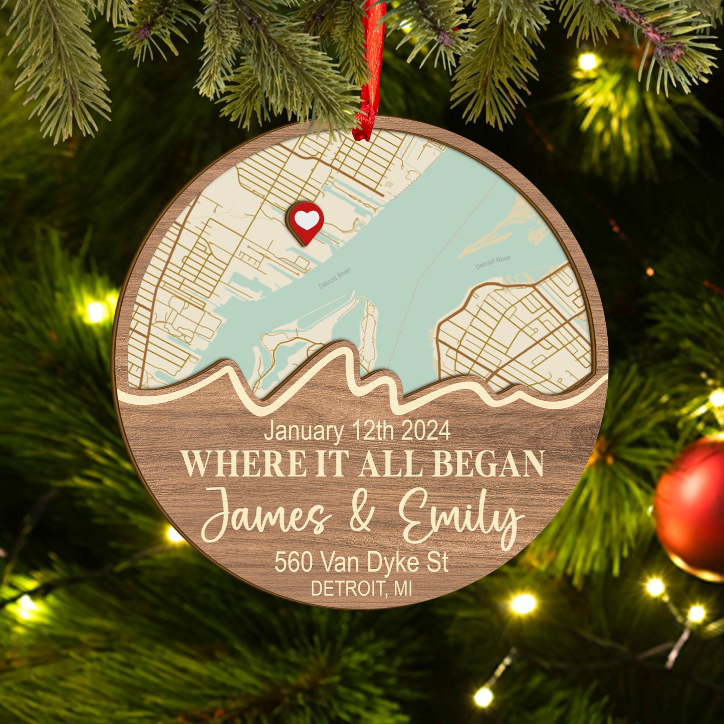 Custom Map Couple Wood and Acrylic Ornament