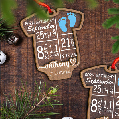 Custom Baby Stats Onesies Shape Wood and Acrylic Ornament