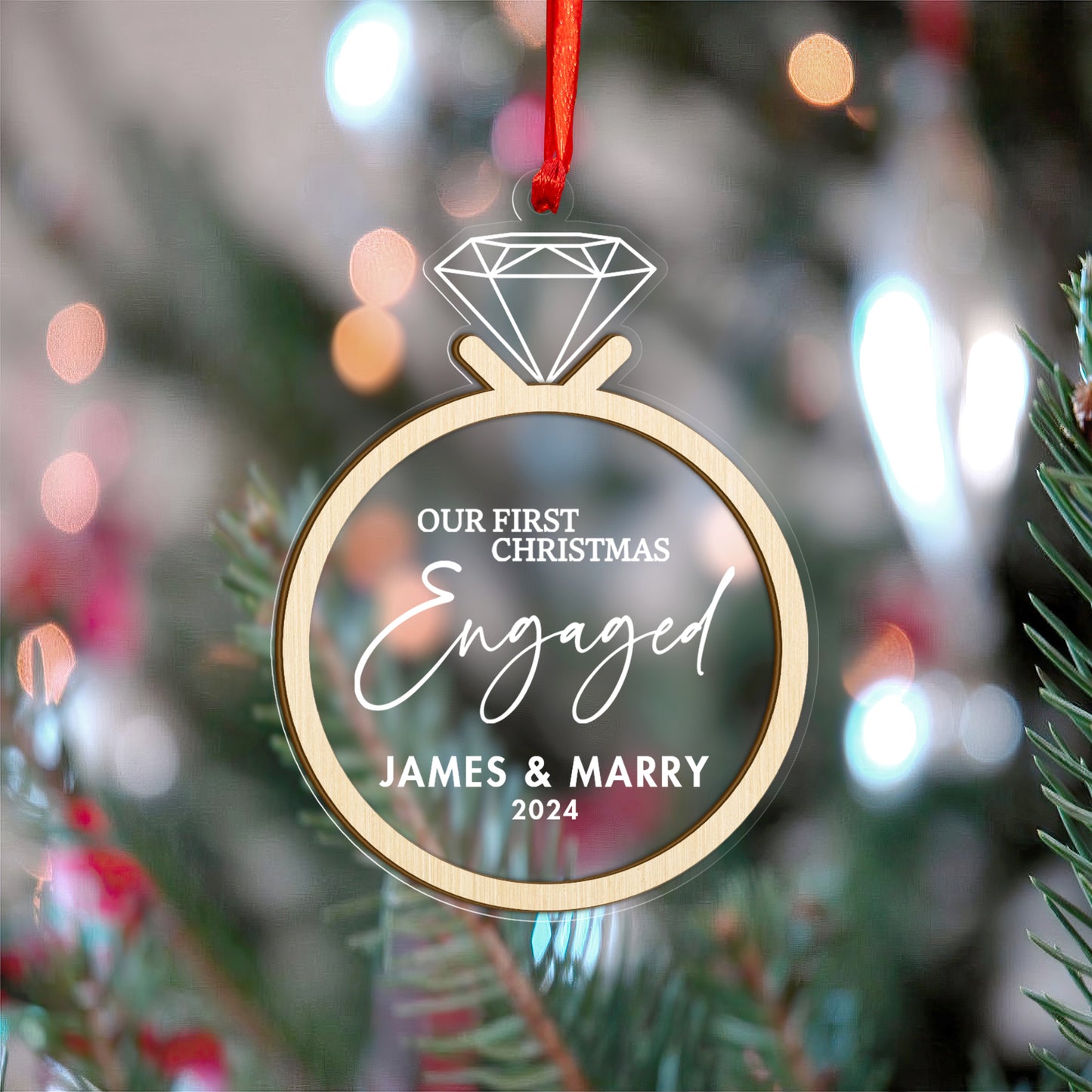 Custom Our First Christmas Engaged Wood and Acrylic Ornament