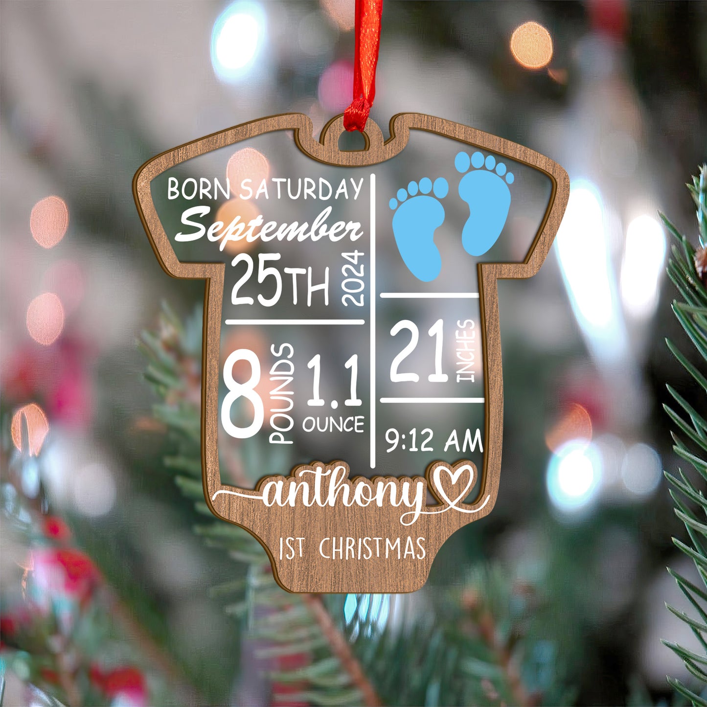 Custom Baby Stats Onesies Shape Wood and Acrylic Ornament