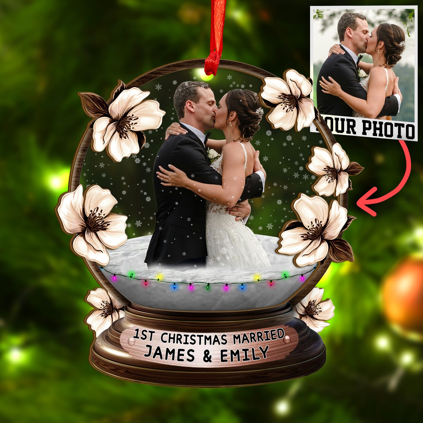 Custom Wedding Photo Floral Wood and Acrylic Ornament