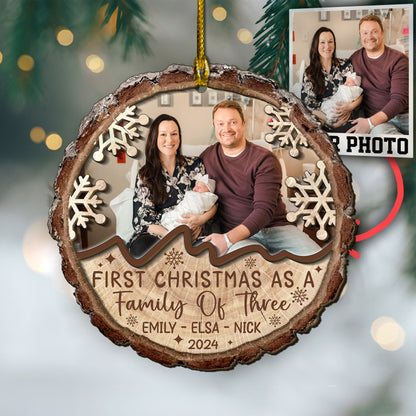 Custom Photo First Christmas As A Family Of Three 2-Layer Wood Ornament