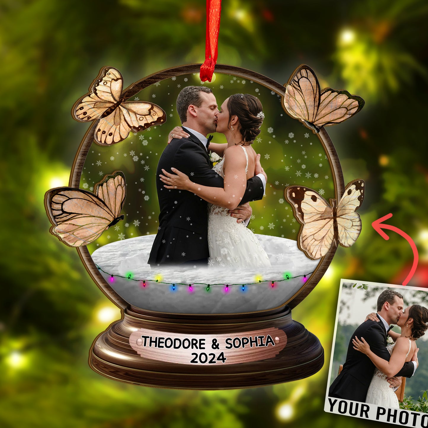 Custom Wedding Photo Butterfly Snowball Wood and Acrylic Ornament