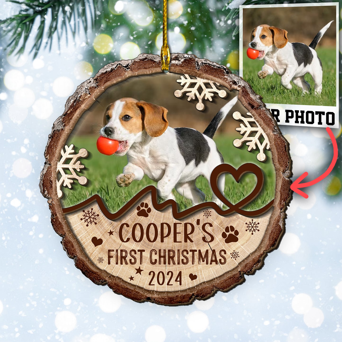 Custom Dog Photo First Christmas 2-Layer Wood Ornament