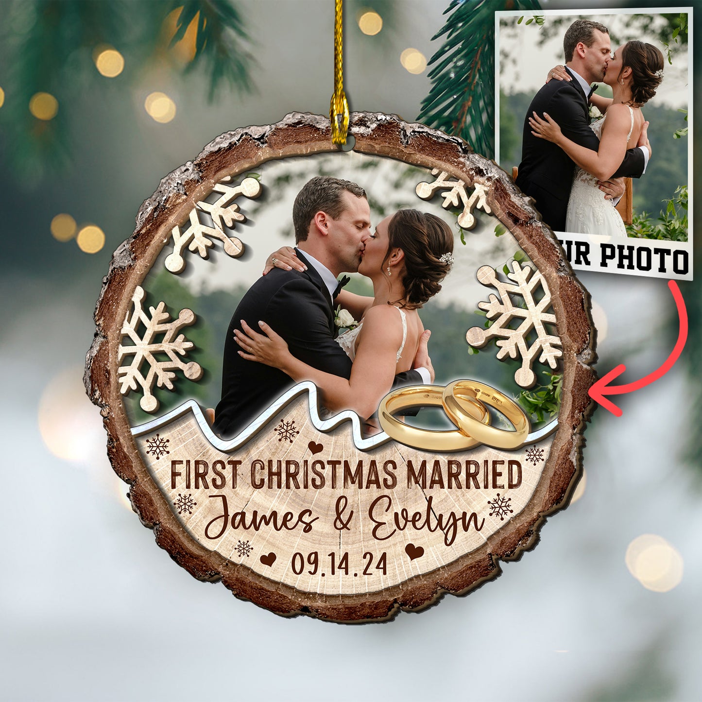 Custom Wedding Photo Rings 2-Layer Wood Slice Ornament