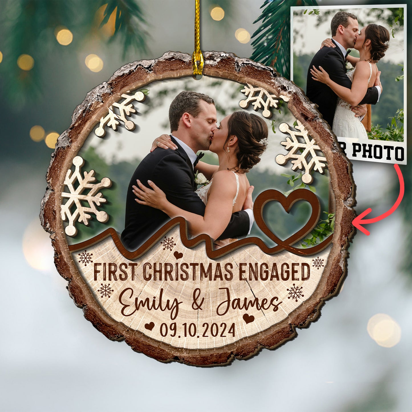 Custom Engagement Photo 2-Layer Wood Slice Ornament