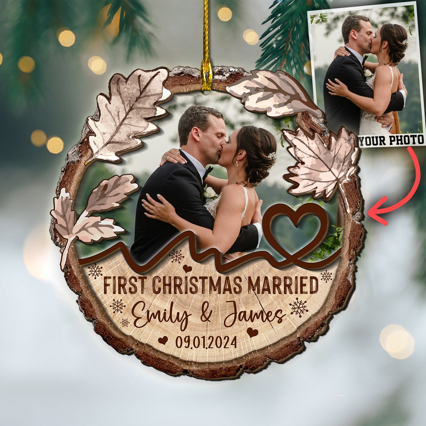 Custom Wedding Photo 2-Layers Wood Slice Ornament