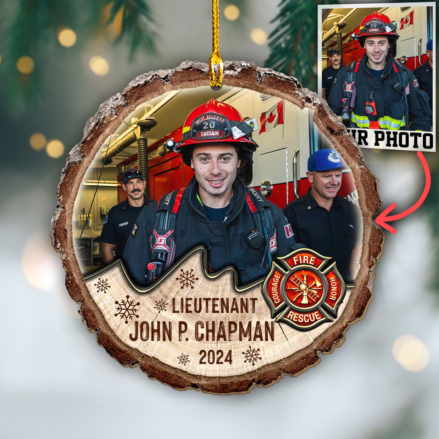 Custom Photo Firefighter Wood Slice Ornament