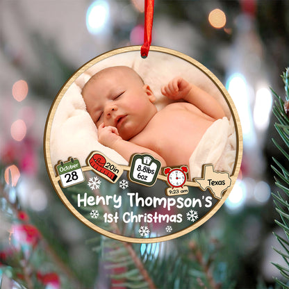 Custom Baby Photo Stats Wood and Acrylic Ornament