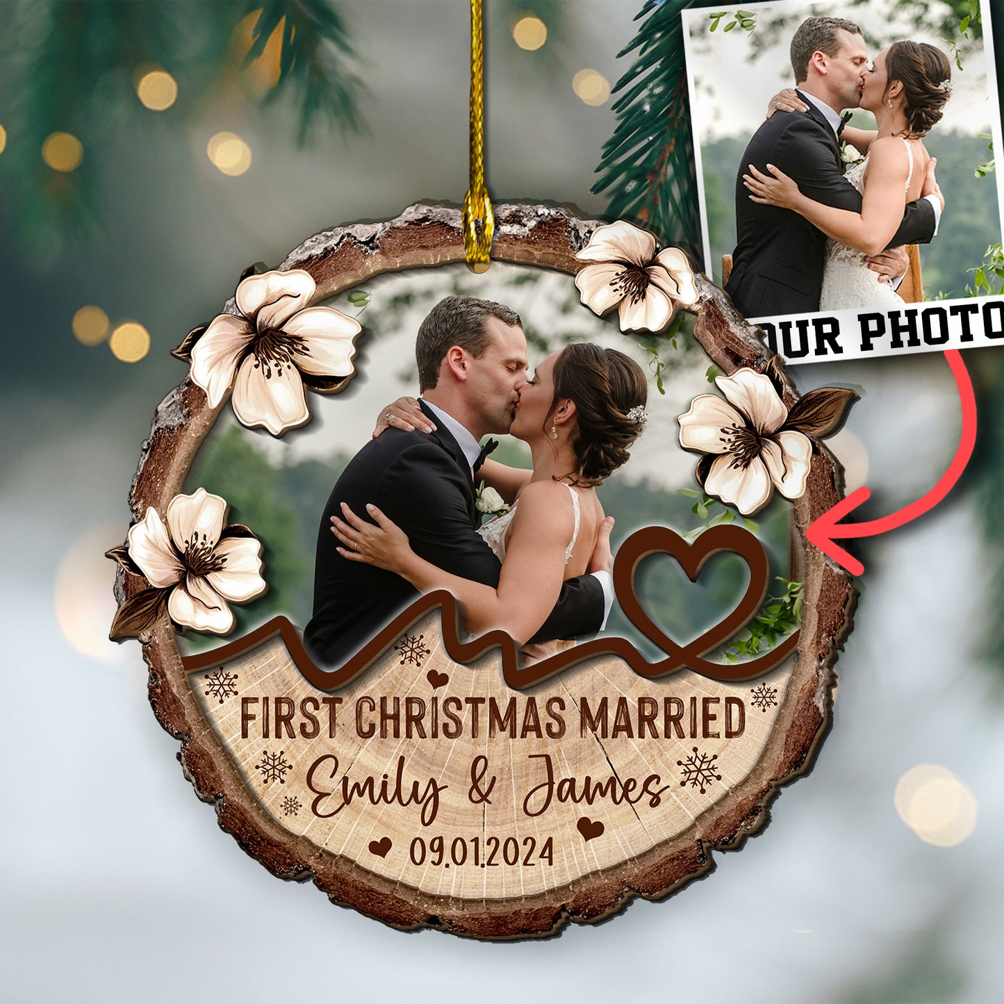 Custom Wedding Photo 2-Layer Wood Ornament