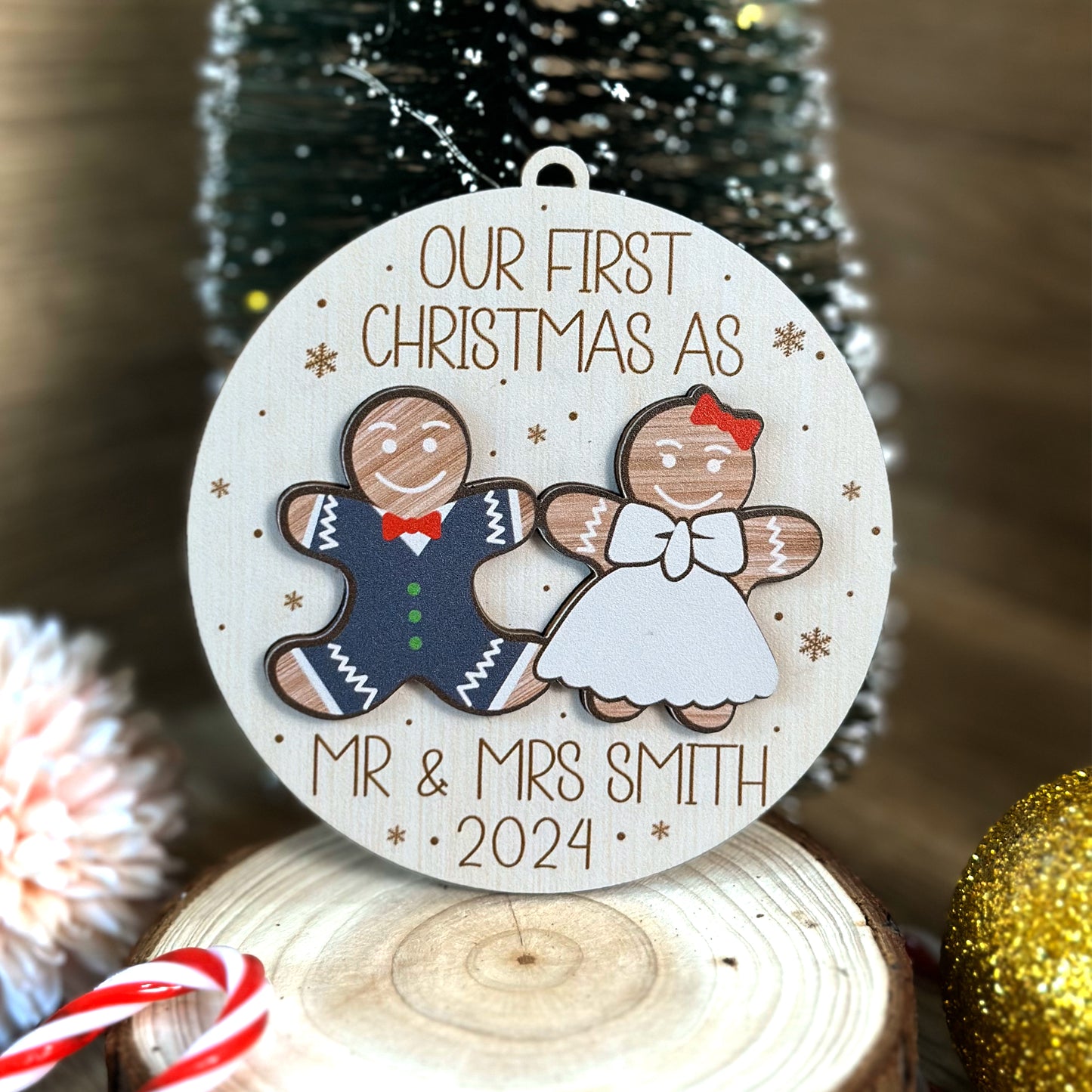 Custom Mr & Mrs Gingerbread 2-Layer Wood Ornament