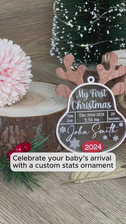 Custom Reindeer Baby Stats Wood and Acrylic Ornament