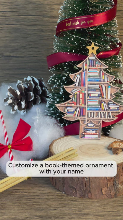 Custom Name Christmas Book Tree Name 2-Layers Wood Ornament