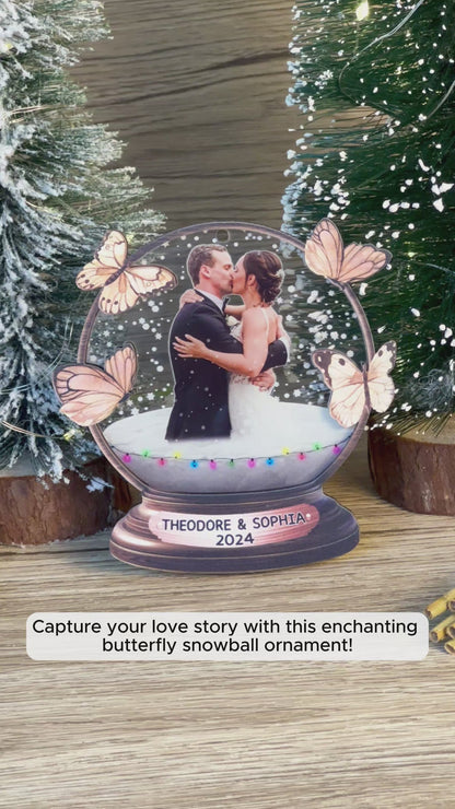 Custom Wedding Photo Butterfly Snowball Wood and Acrylic Ornament