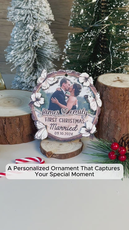 Custom Wedding Photo 2-Layer Wood Slice Ornament