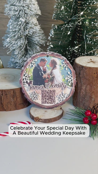 Custom Wedding Video QR Code 2-Layer Wood Slice Ornament