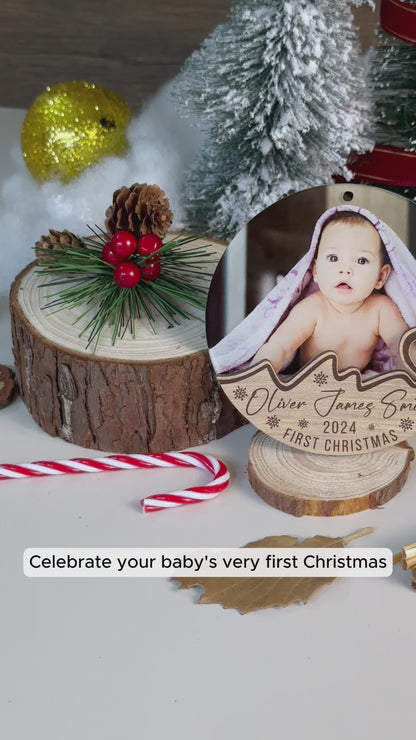 Custom Photo Baby First Christmas Wood and Acrylic Ornament