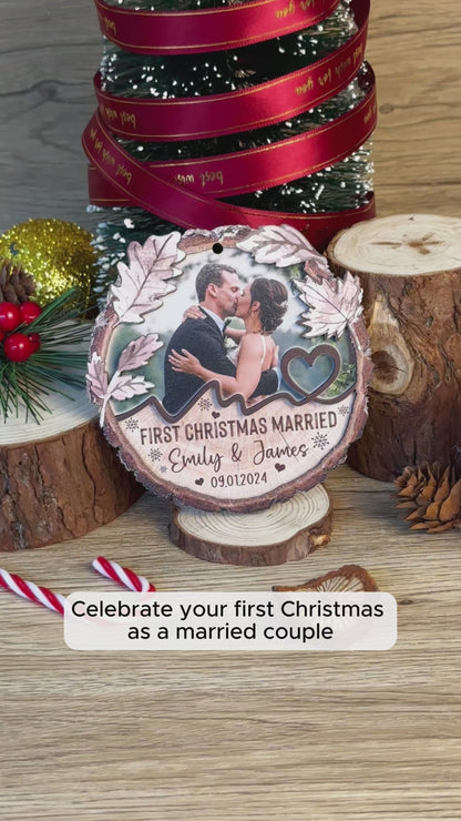 Custom Wedding Photo 2-Layers Wood Slice Ornament