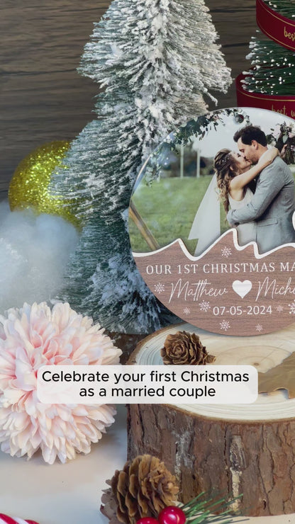 Custom Photo First Christmas Married Wood and Acrylic Ornament