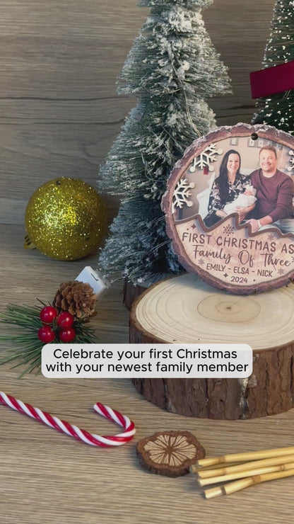 Custom Photo First Christmas As A Family Of Three 2-Layer Wood Ornament