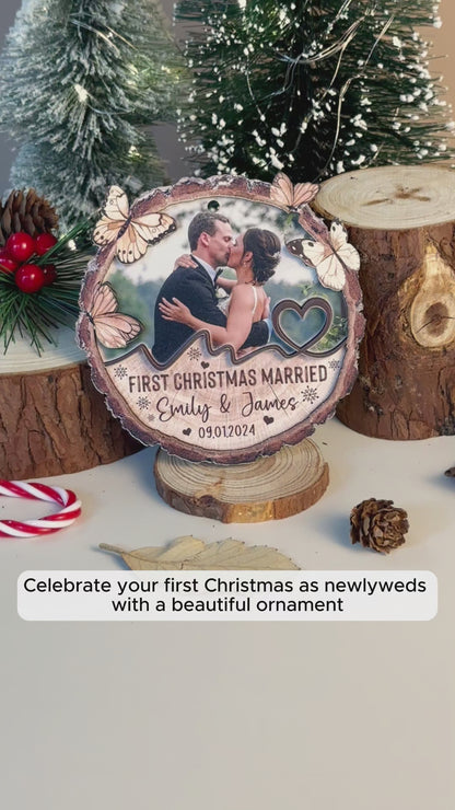 Custom Wedding Photo 2-Layer Wood Slice Ornament