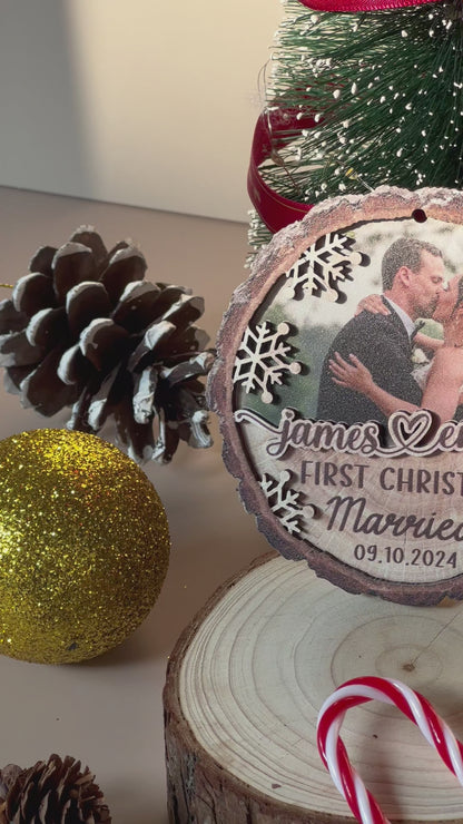 Custom Wedding Photo 2-Layer Wood Slice Ornament