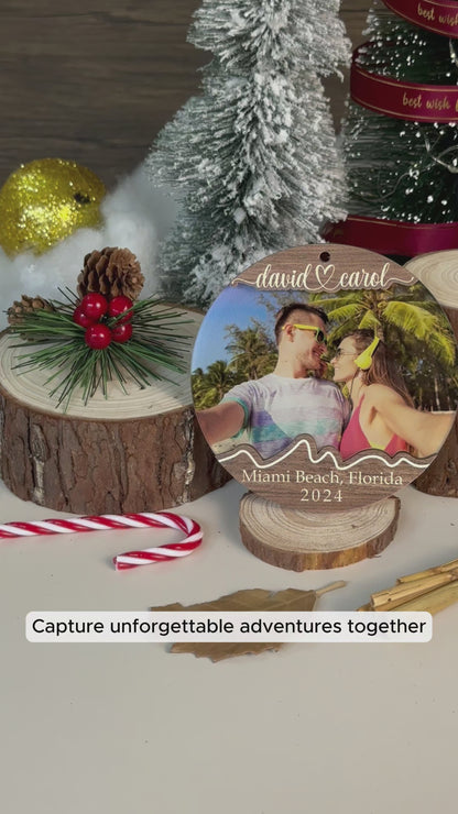 Custom Couple Photo Traveling Wood and Acrylic Ornament