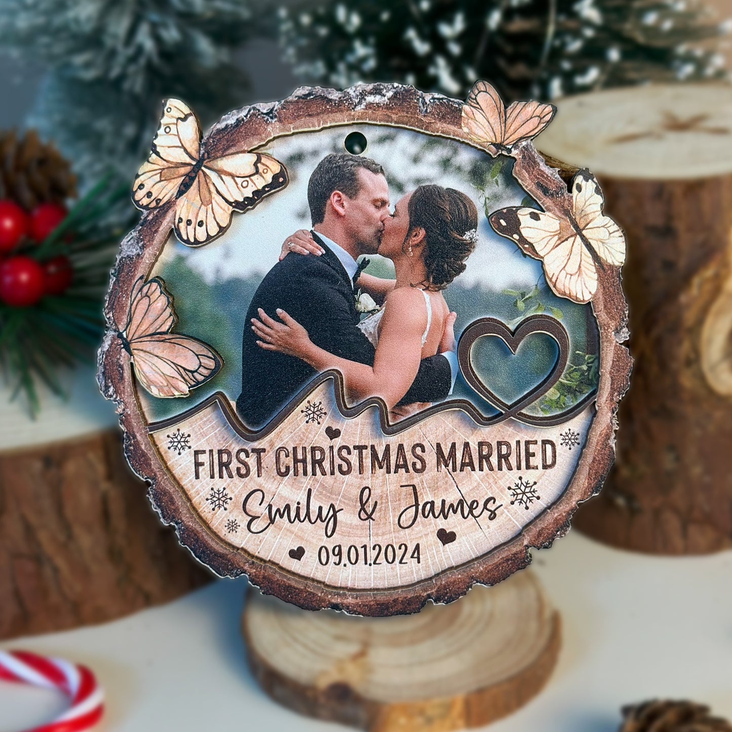 Custom Wedding Photo 2-Layer Wood Slice Ornament