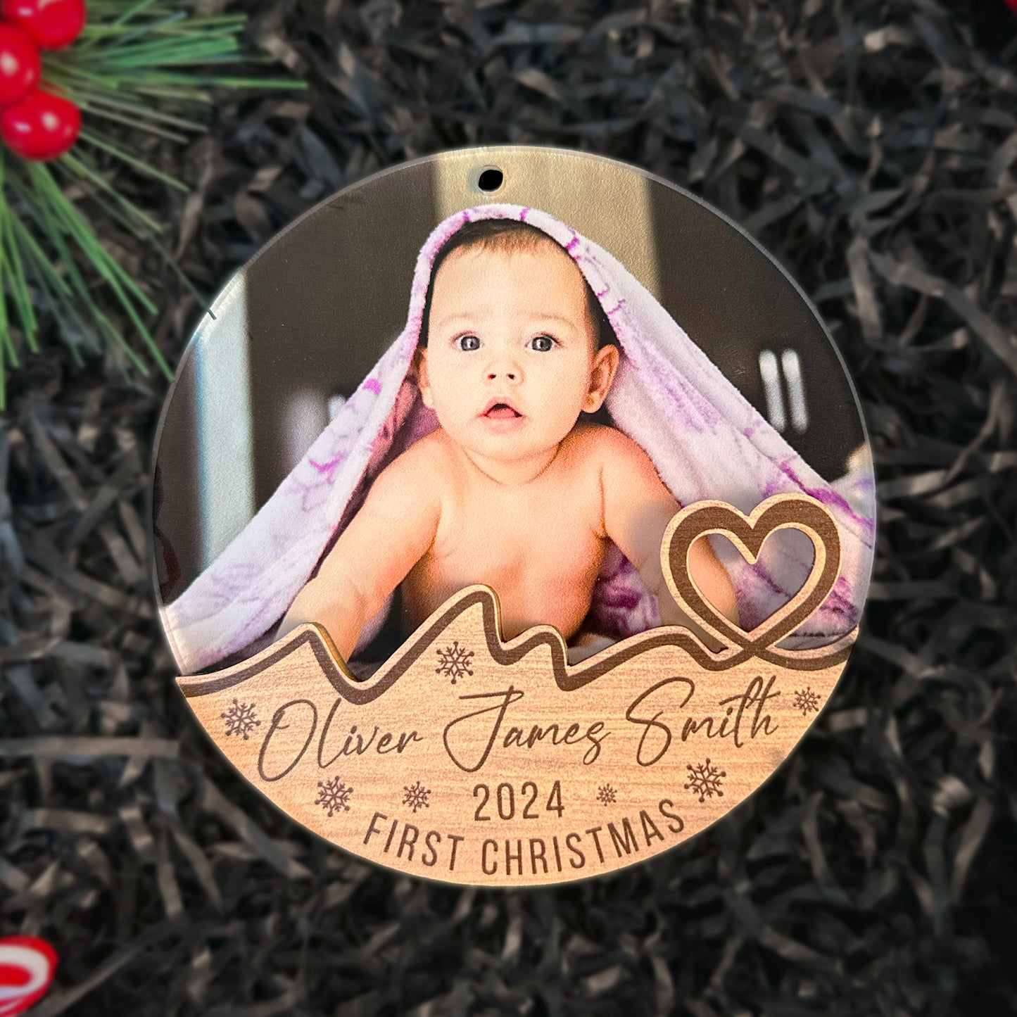 Custom Photo Baby First Christmas Wood and Acrylic Ornament