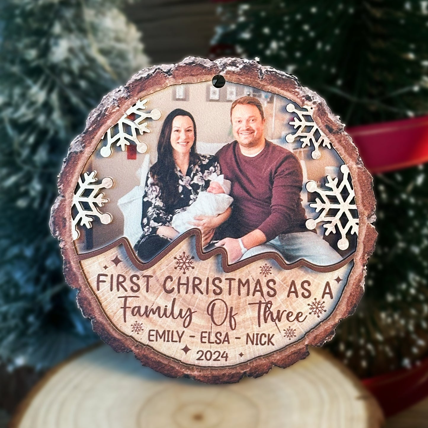 Custom Photo First Christmas As A Family Of Three 2-Layer Wood Ornament