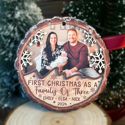 Custom Photo First Christmas As A Family Of Three 2-Layer Wood Ornament