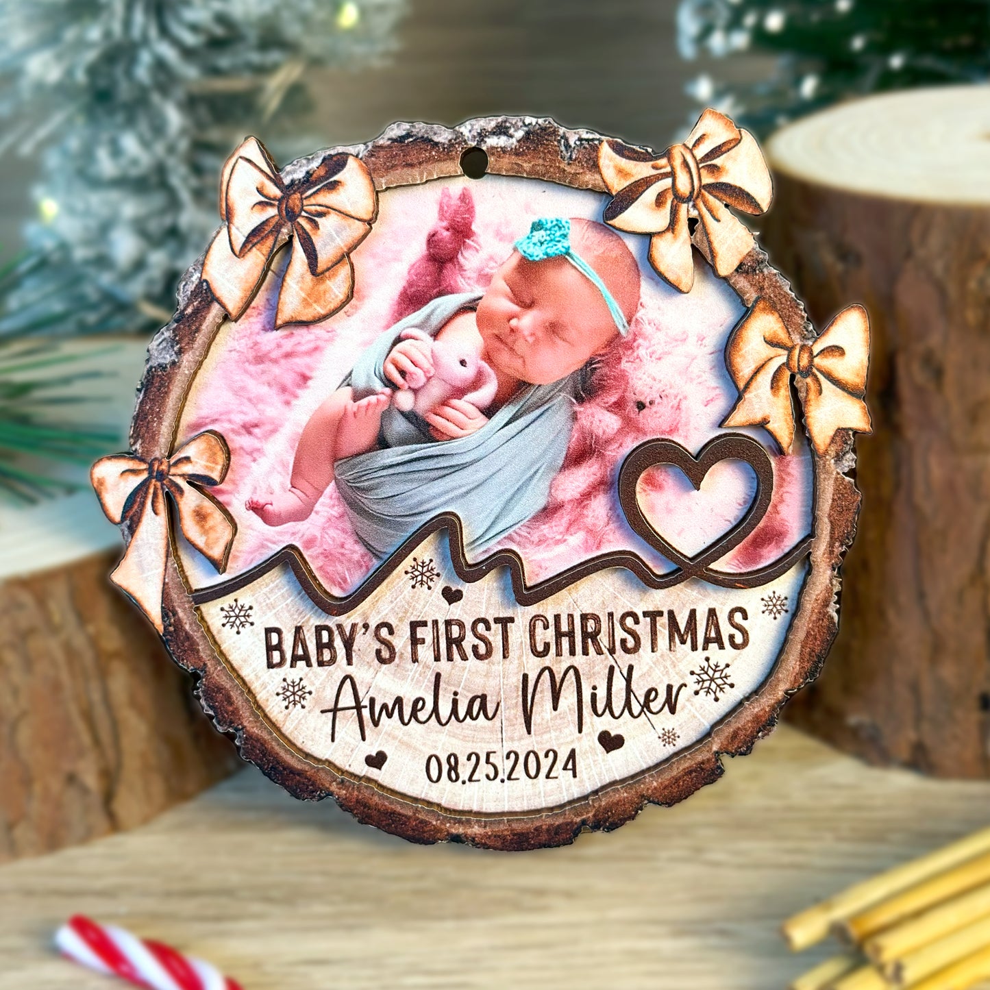 Custom Baby Photo Tie Bow 2-Layer Wood Ornament