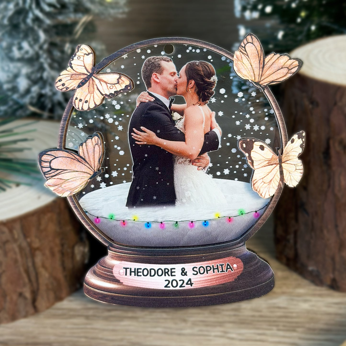 Custom Wedding Photo Butterfly Snowball Wood and Acrylic Ornament