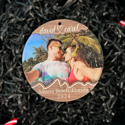 Custom Couple Photo Traveling Wood and Acrylic Ornament