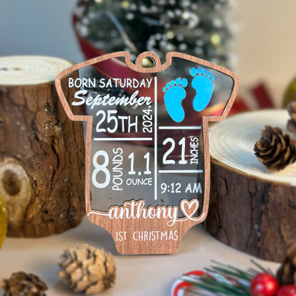 Custom Baby Stats Onesies Shape Wood and Acrylic Ornament