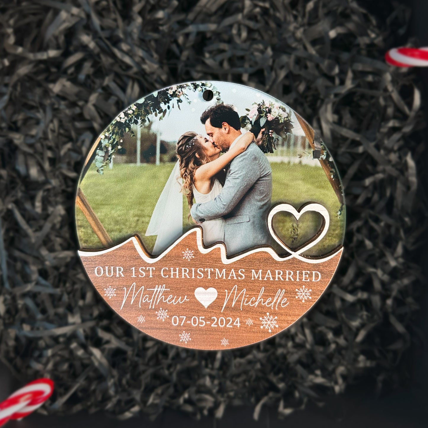 Custom Photo First Christmas Married Wood and Acrylic Ornament