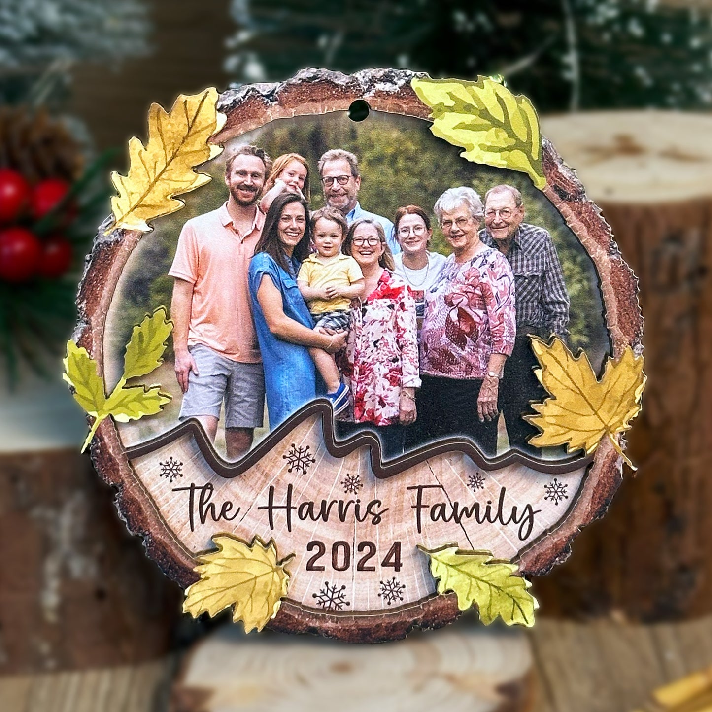 Custom Family Photo 2-Layers Wood Slice Ornament