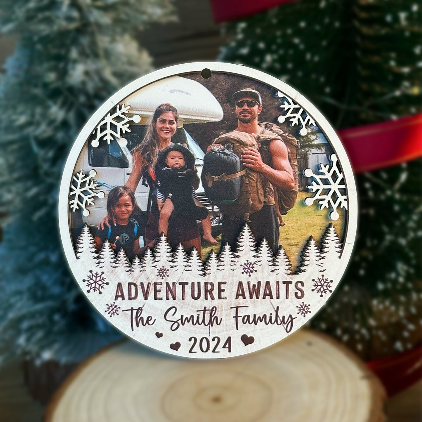 Custom Camping Photo  2-Layer Wood Ornament