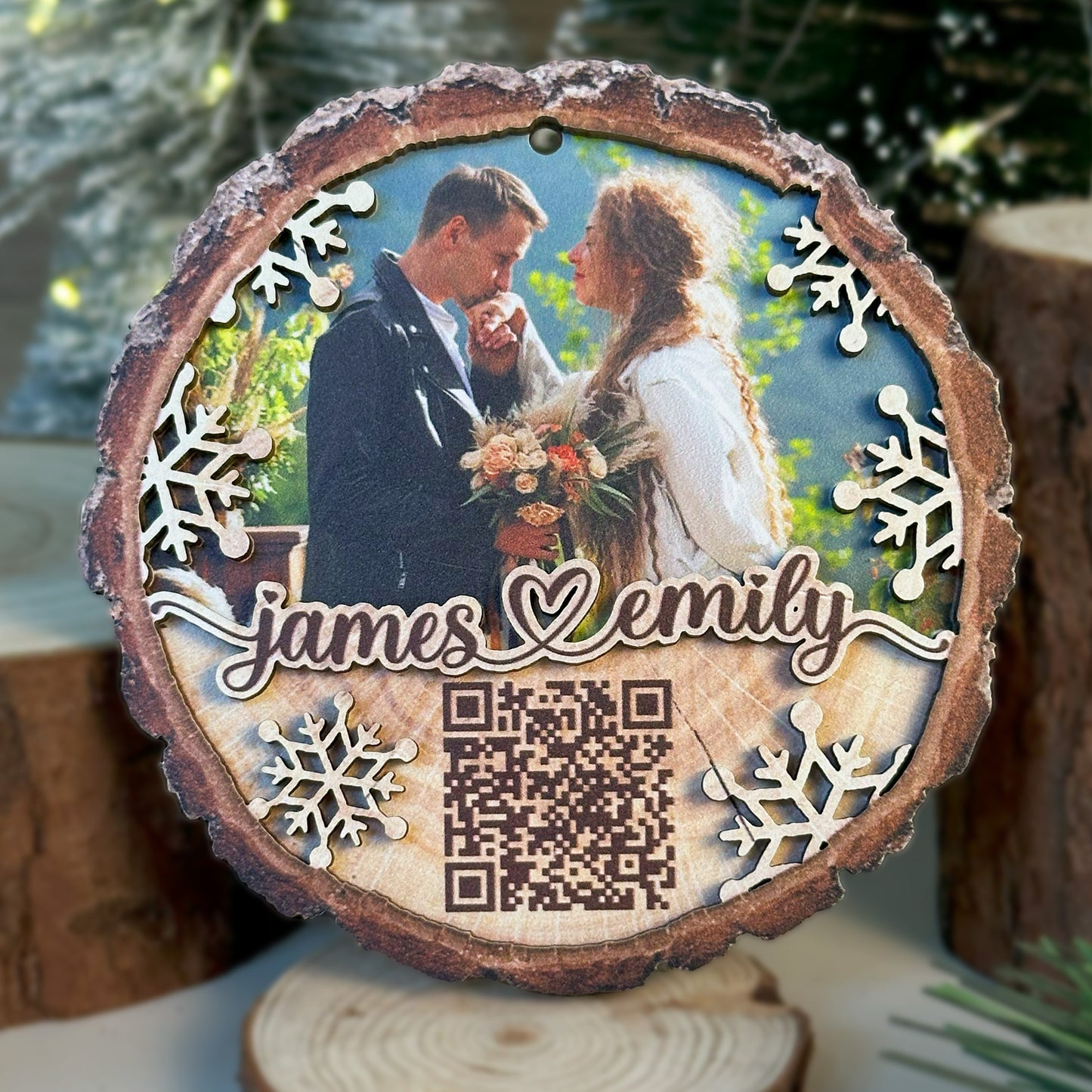 Custom Wedding Video QR Code 2-Layer Wood Slice Ornament