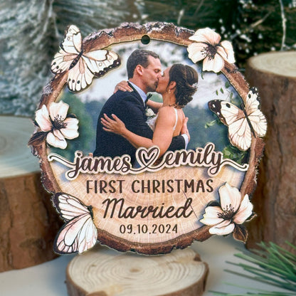 Custom Wedding Photo 2-Layer Wood Slice Ornament