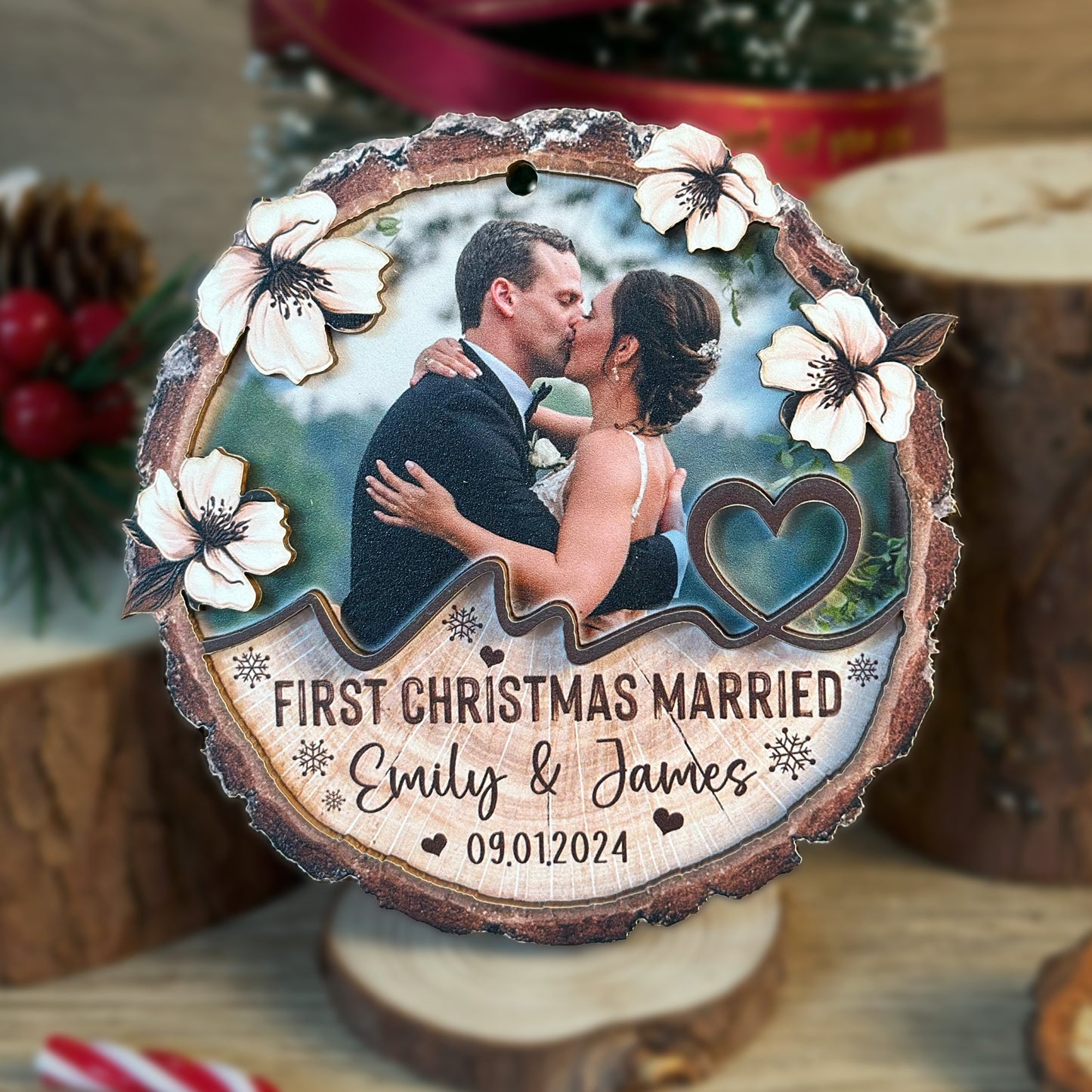 Custom Wedding Photo 2-Layer Wood Ornament