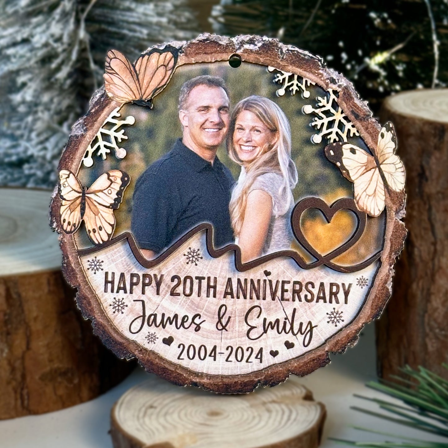 Custom Photo Couple Anniversary 2-Layer Wood Slice Ornament